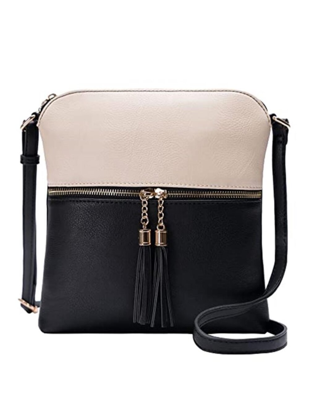 Black Beige Crossbody Purse Lightweight Medium Tassel Shoulder Bag